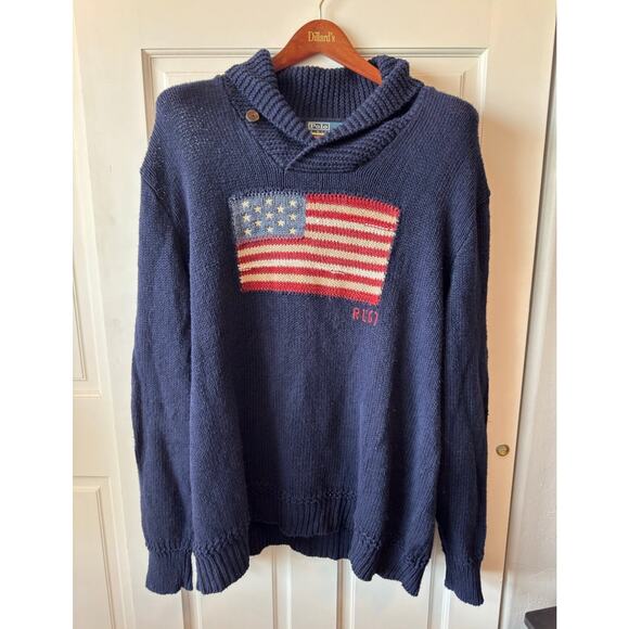 VTG Polo Ralph Lauren American Flag Cowlneck Navy Blue sweater XLT - Picture 1 of 4
